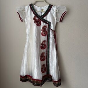 Indian White Girls' Formal Dress with Red & Green Embellished Trim